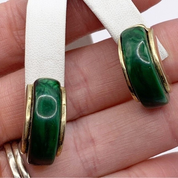 Green faux stone and gold tone chunky half hoop earrings - Picture 8 of 11